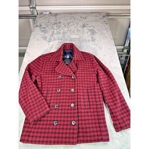 American Eagle Red Black Plaid Wool Blend Peacoat Women's M Double Breasted